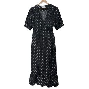 Urban Outfitters Floral Black Wrap Midi Dress Ruffle Size M Satin Puff Sleeve